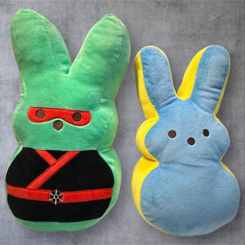 Lot of 2 Bunny Plush Peeps Style Ninja & Blue Yellow‎ Easter Stuffed Toys